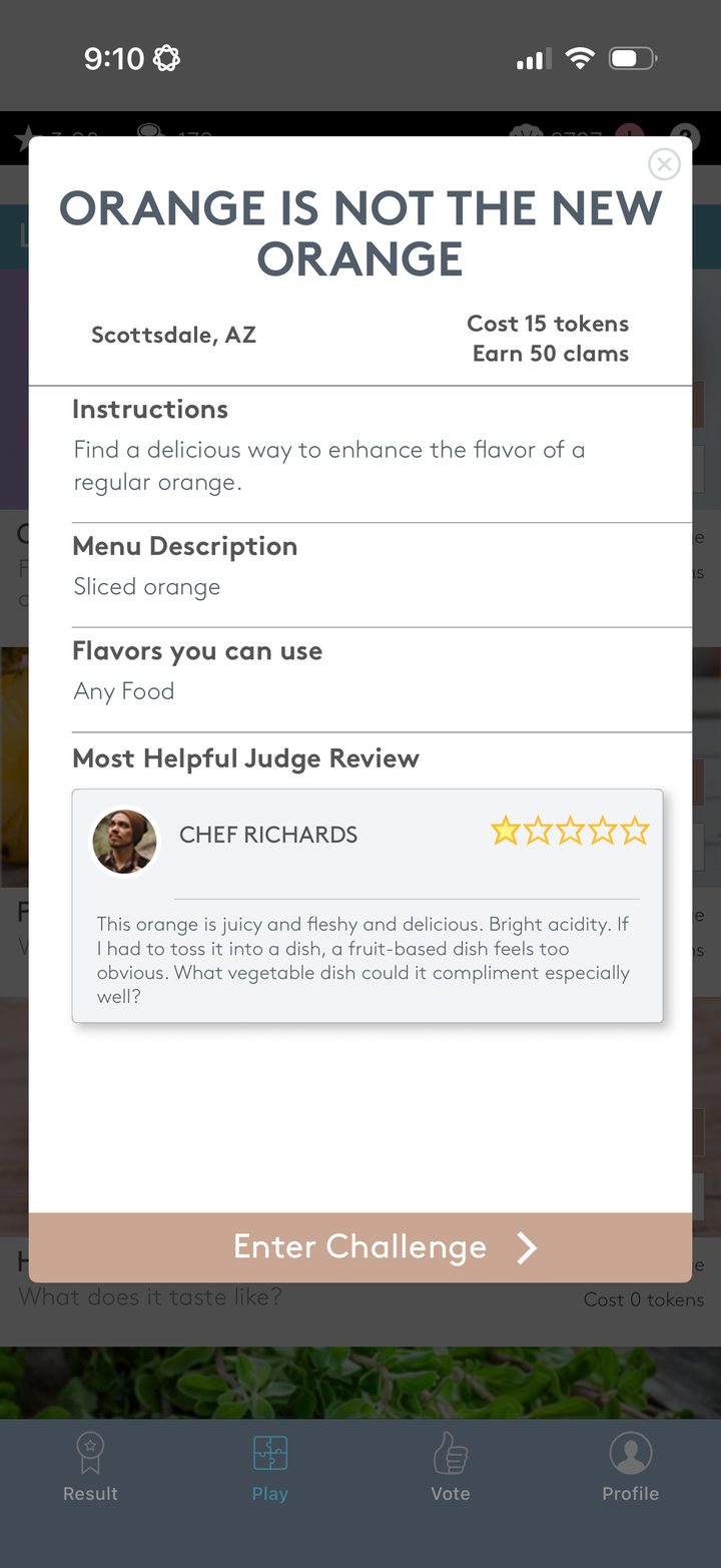 A challenge card: instructions, menu description, and a judge’s review from Chef Richards