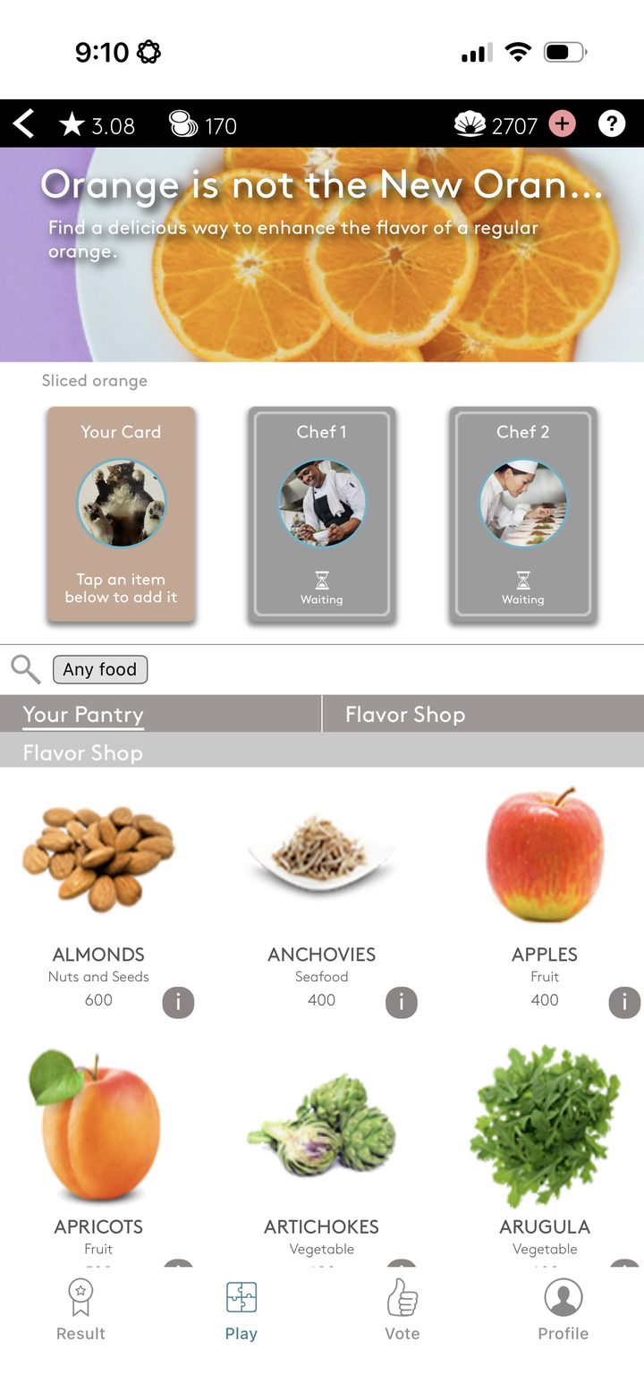 Chef League play screen: the challenge ‘Orange is not the new orange’, your card next to two chef cards, and a flavor shop of ingredients
