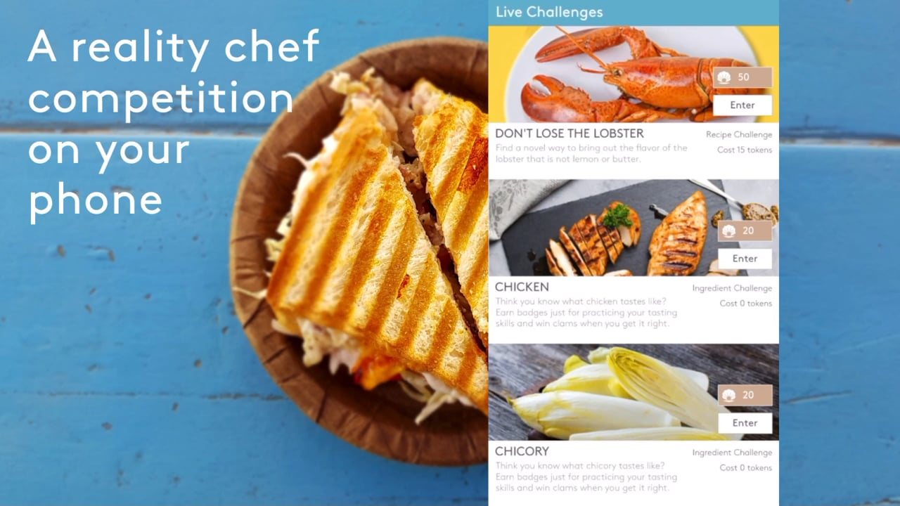 Trailer poster: a grilled sandwich beside the app’s live challenges feed, under the words ‘A reality chef competition on your phone’